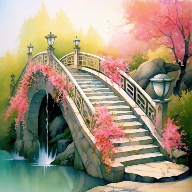 Bridge staircase with flowers watercolor paint