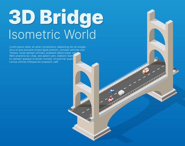 Vettore il ponte delle infrastrutture urbane è isometrico per giochi, applicazioni di ispirazione e creatività. oggetti dell'organizzazione del trasporto urbano in forma dimensionale