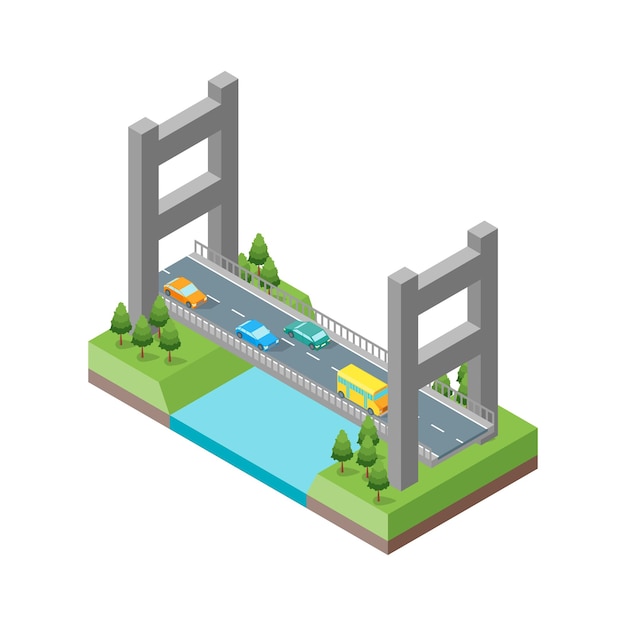 Bridge with Cars Isometric View Element of Map Plan Concept of Travel Vector illustration