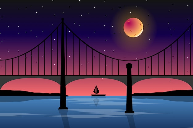 Vector bridge with full moon scenery landscape