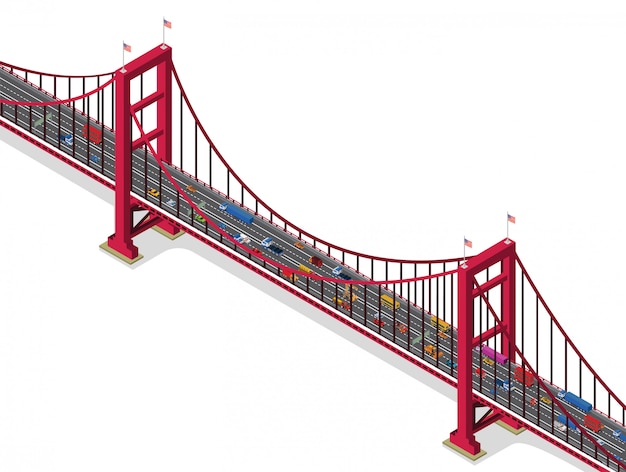 Bridge with traffic isometric view