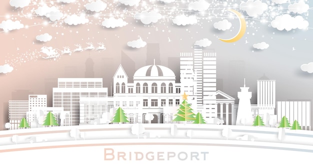 Vector bridgeport connecticut city skyline in paper cut style with snowflakes moon and neon garland