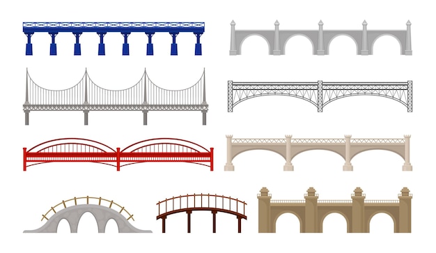 Мосты различного дизайна на белом фоне Архитектура и городское строительство Векторная плоская иллюстрация