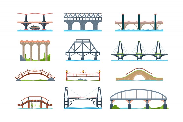 Vector bridges. wooden iron aqueduc with column modern architectural objects bridge in flat style