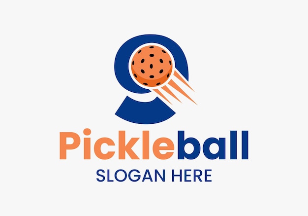 Brief 9 Pickleball Logo Concept met bewegende Pickleball symbool Pickle Ball Logotype Vector sjabloon