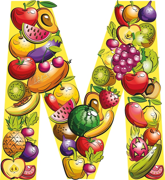 Vector brief m. fruitbrieven. collage van gekleurde groenten en fruit op de letter van het alfabet