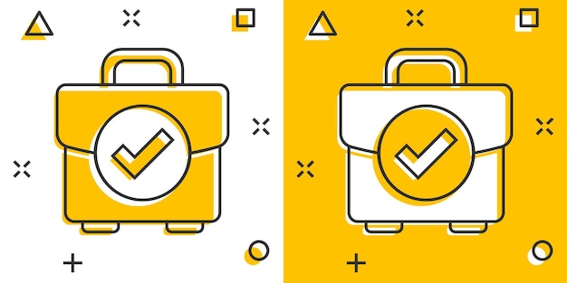 만화 스타일의 서류 가방 수락 아이콘 흰색 격리 된 배경에 포트폴리오 승인 만화 벡터 일러스트 스플래시 효과 비즈니스 개념 확인