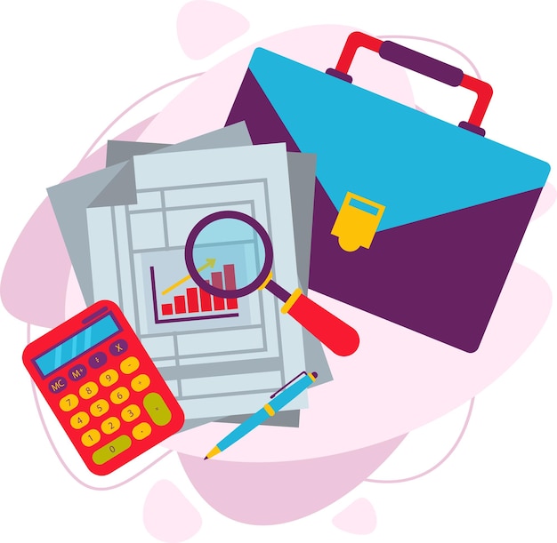 Briefcase with documents, money calculator and magnifying glass, documents. working documents of the tax or accounting department. vector illustration in a flat style.