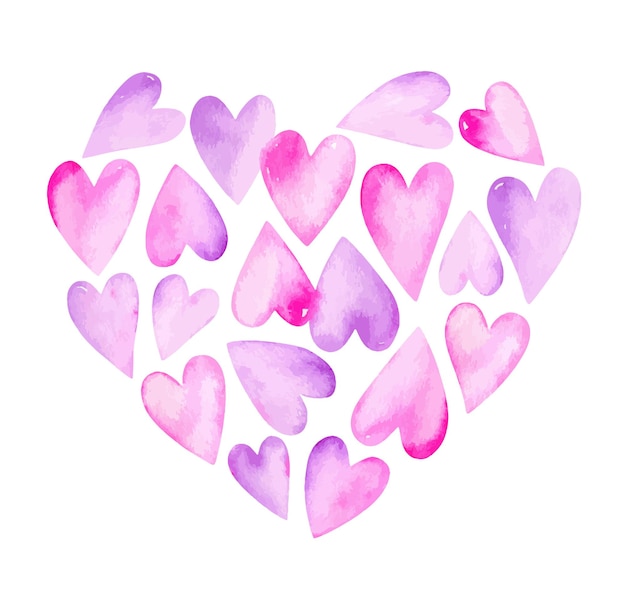 Briefkaartontwerp voor Valentijnsdag in de vorm van een hart Aquarelharten in roze kleuren