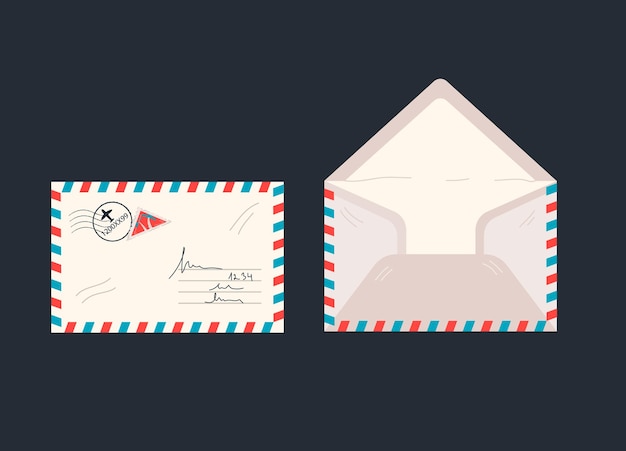 Vector briefpapier omslag of luchtpost enveloppen set met stempel en poststempel tegenover en vooraanzicht set
