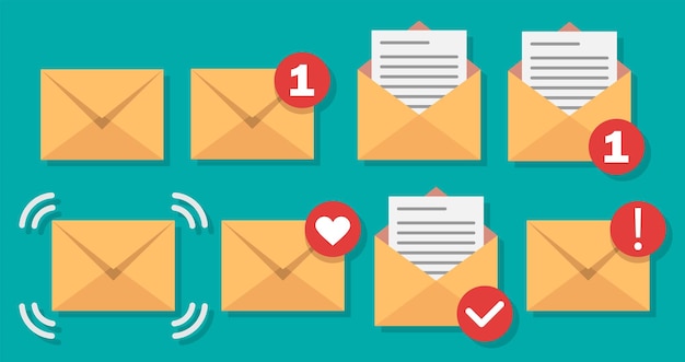 Brievenvelop met papieren document Gesloten open met een bericht e-mail enveloppen Set mailbox Vector illustratie