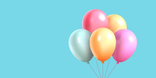 bright 3d air balloon bunch on string festive surprise background with copy space realistic vector illustration colored helium balls with ribbon birthday holiday celebrate party anniversary carnival