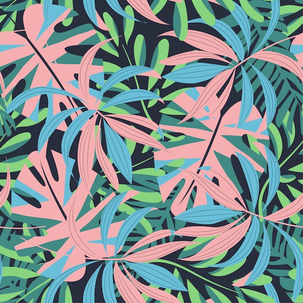 화려한 열 대 잎과 식물 파랑에 밝은 추상 원활한 패턴