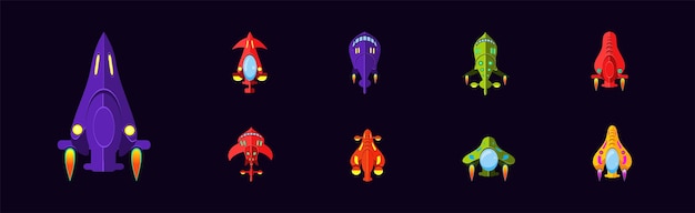 Bright alien spaceship game icons on dark background vector set