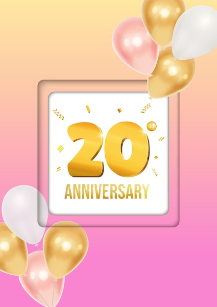 Vector bright anniversary celebration flyer poster with balloons and golden numbers 20