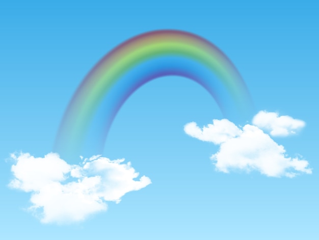Bright arched rainbow with clouds realistic on blue background.