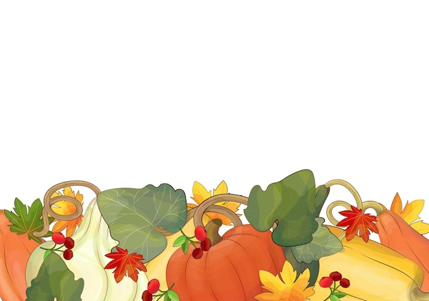 Vector bright autumn design with leaves, berry and pumpkin. fall border pattern.