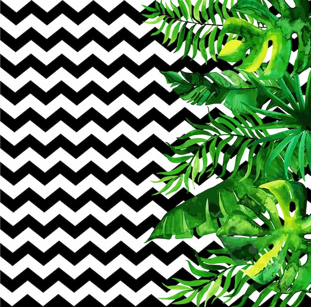 Bright background with black and white geometric ornament and tropical leaves on it