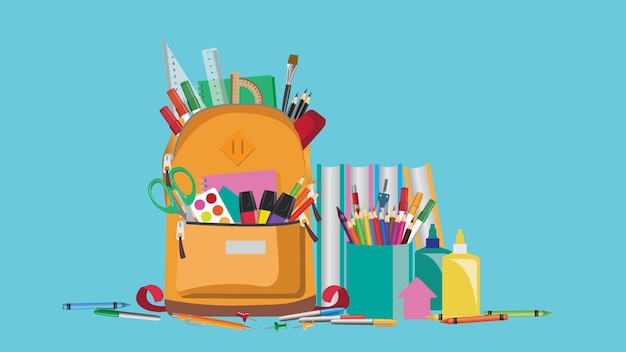 Bright backpack with school stationery or supplies vector illustration