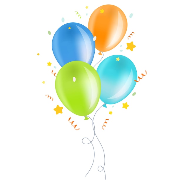 Vector bright balloons with colorful confetti on a white background