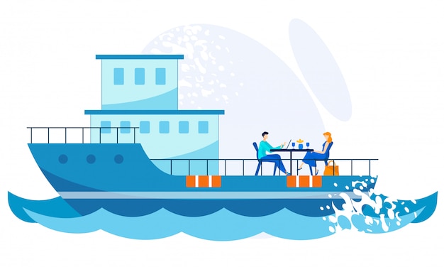 Vector bright banner dinner on deck ship cartoon .