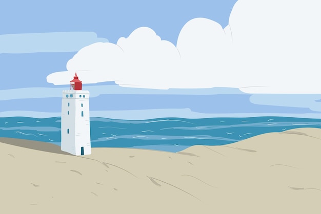 Яркие пляжные песчаные дюны со знаменитым датским ориентиром, маяком, голубым небом, маяком рубьерг кнуде
