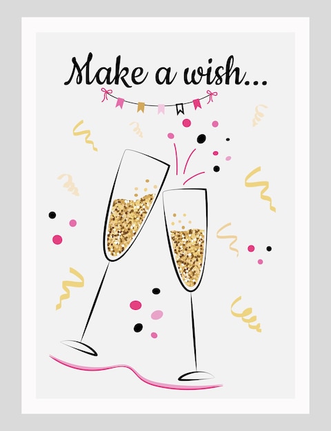 Vector bright birthday card in flat cartoon style with glasses champagne and calligraphy
