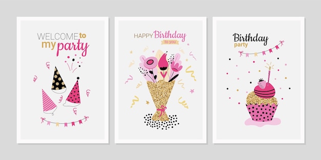 Bright birthday cards collection in retro style Vector illustration