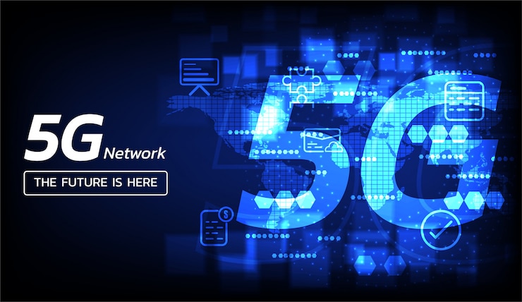 Vector bright blue 5g icon on dark background some elements of this image furnished by nasa