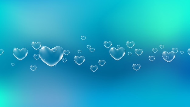 Sfondo blu brillante con bolle di sapone a forma di cuore di colore bianco per il vettore di biglietto di san valentino