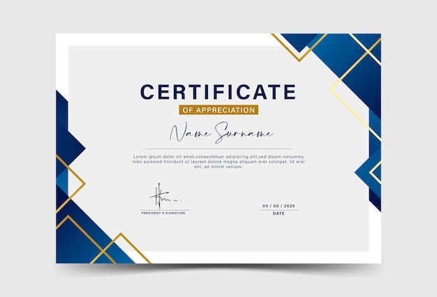 Bright blue certificate achievement geometric effect dark blue and gold