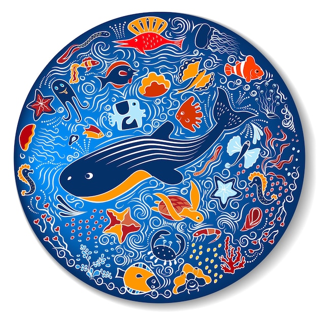 Bright blue circular pattern plate Shells fish deepsea animals of the sea and ocean