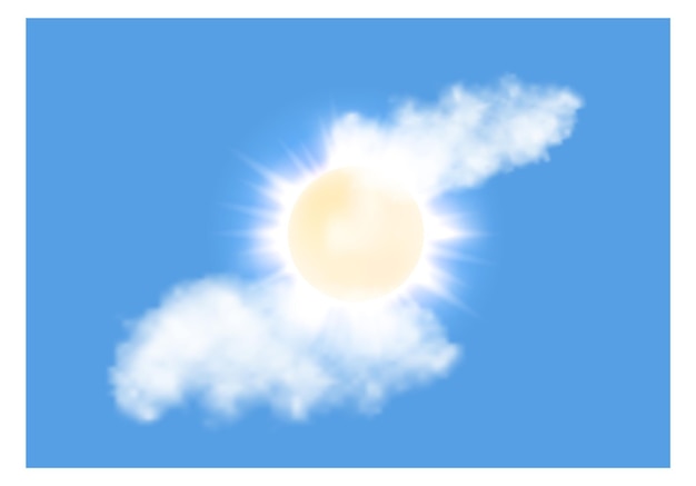 bright blue sky realistic fluffy cloud and sun shining through