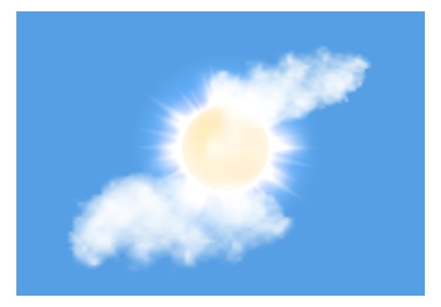 Bright blue sky Realistic fluffy cloud and sun shining through