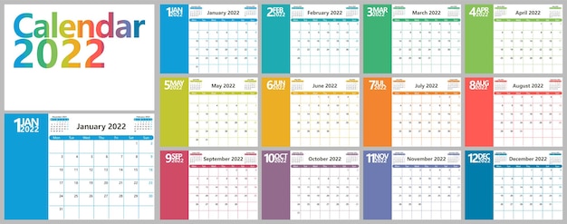 Bright calendar planner for 2022 with months of different colors the week starts on monday