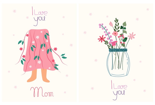 Vector bright card, a bouquet of wildflowers in a jar and a silhouette of a woman's skirt with flowers.