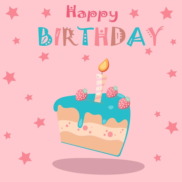 Bright card happy birthday with a beautiful birthday cake and a candle on a pink background