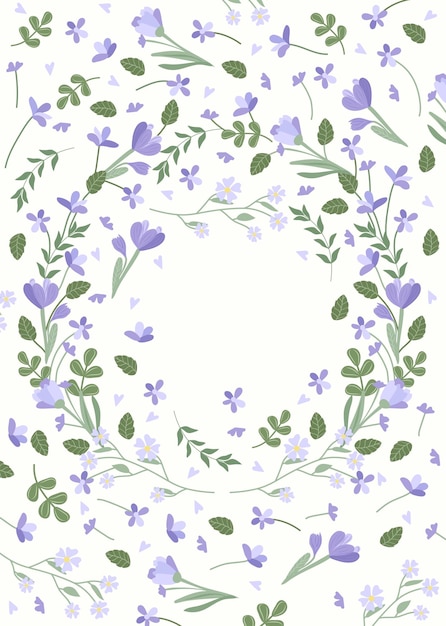 Bright card with blooming flowers, daisies, crocus, lavender, green leaves, hearts in a circle.
