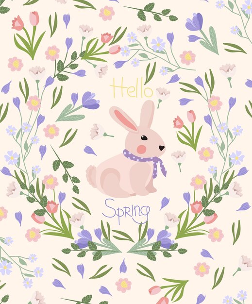 Bright card with bright flowers, daisies, crocus, tulips, green leaves and a cute rabbit. spring