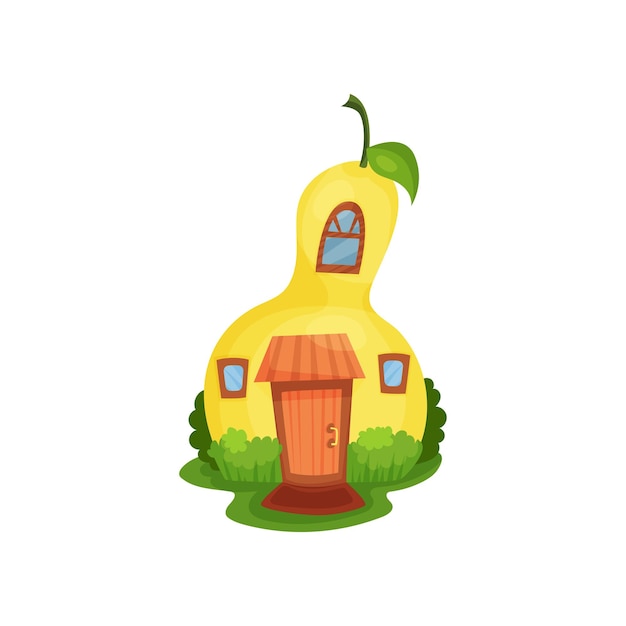 Bright cartoon house in form of yellow pear surrounded by green bushes Fantasy home with wooden door and small windows Fairytale world Colorful flat vector design