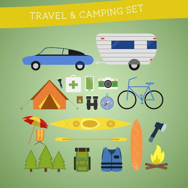 Bright cartoon travel and camping equipment icon set in vector Recreation vacation and sport symbols