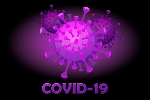 Яркий мультяшный фиолетовый covid-19 и надпись. Эпидемия коронавирусной болезни.