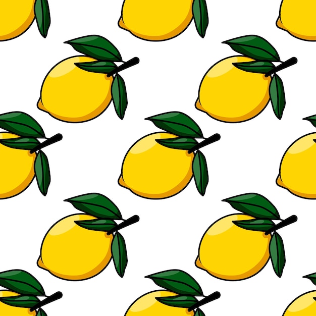 Bright cartoon yellow lemons with leaves seamless pattern on white vector illustration with outline