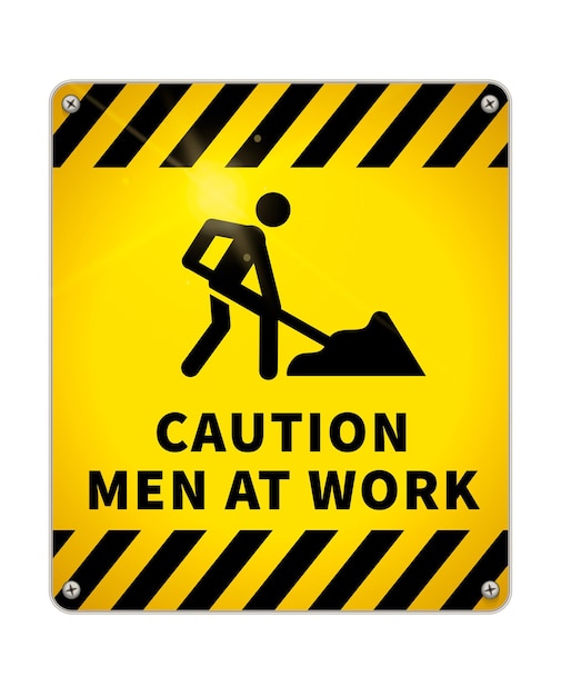 Bright caution glossy metal plate, warning sign men at work area with road worker icon isolated on white