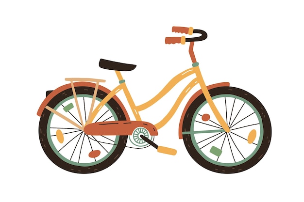ホイールスポークのイルミネーションで飾られた明るい子供っぽい自転車または自転車。カラフルなフラットベクトルイラストは白い背景で隔離。