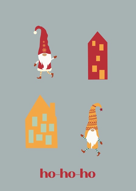 Bright  Christmas Card Gnomes in vector