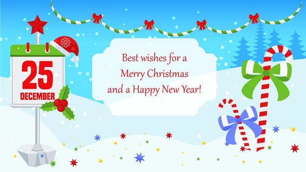 休日の装飾のための文字が付いている明るいクリスマスカード。カレンダー、日付は12月25日。キャンディケインは弓でくっつきます。伝統の贈り物。横長のバナー。フラットベクトル漫画イラスト。