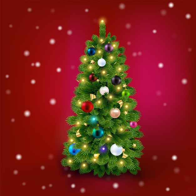 赤いベクトル上のボールと明るいクリスマスツリー