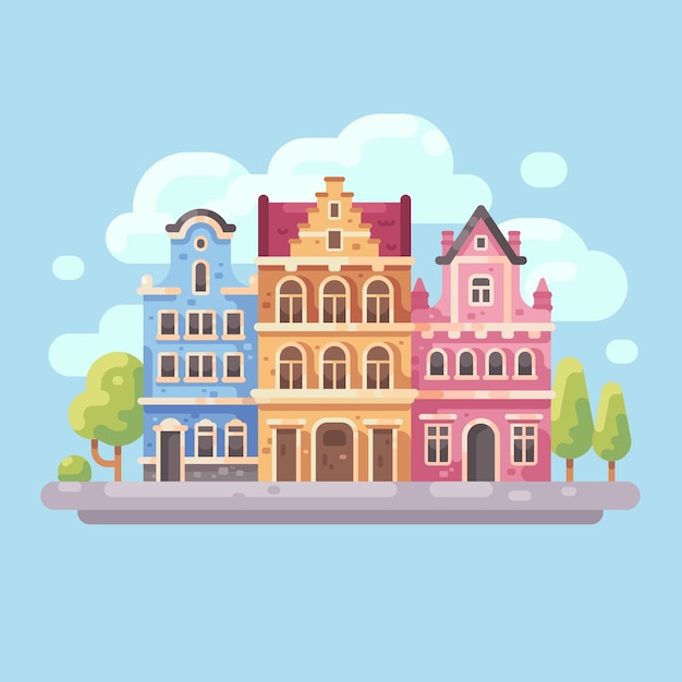 Bright city street flat illustration. european city background.