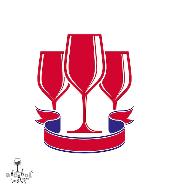 Bright classic vector goblets set with creative red ribbon, party and celebration theme illustration. Lifestyle graphic design elements - entertainment idea.